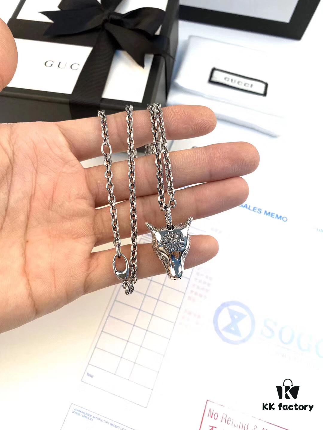 Gucci Wolf Head Silver Necklace, Vintage Style, Hand-Carved Siberian Tiger Design