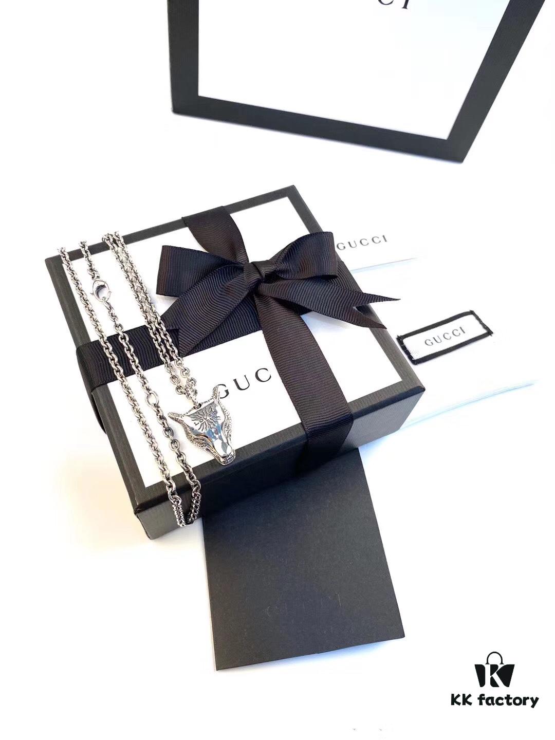 Gucci Wolf Head Silver Necklace, Vintage Style, Hand-Carved Siberian Tiger Design