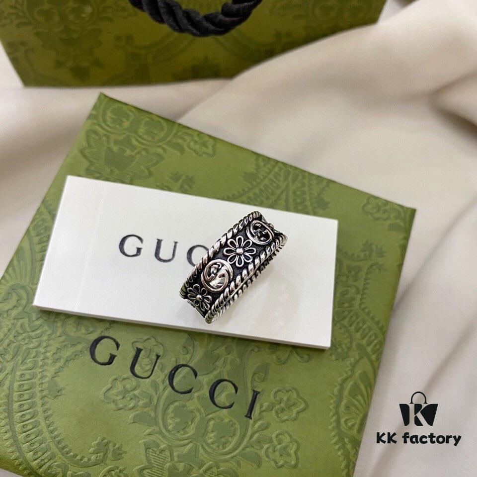 Gucci 925 Sterling Silver Double G Floral Vintage Ring