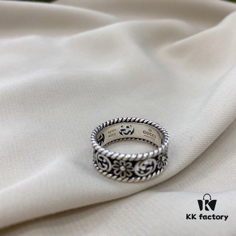 Gucci 925 Sterling Silver Double G Floral Vintage Ring