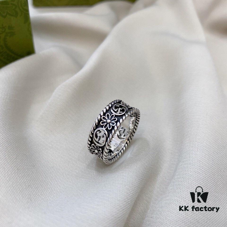 Gucci 925 Sterling Silver Double G Floral Vintage Ring