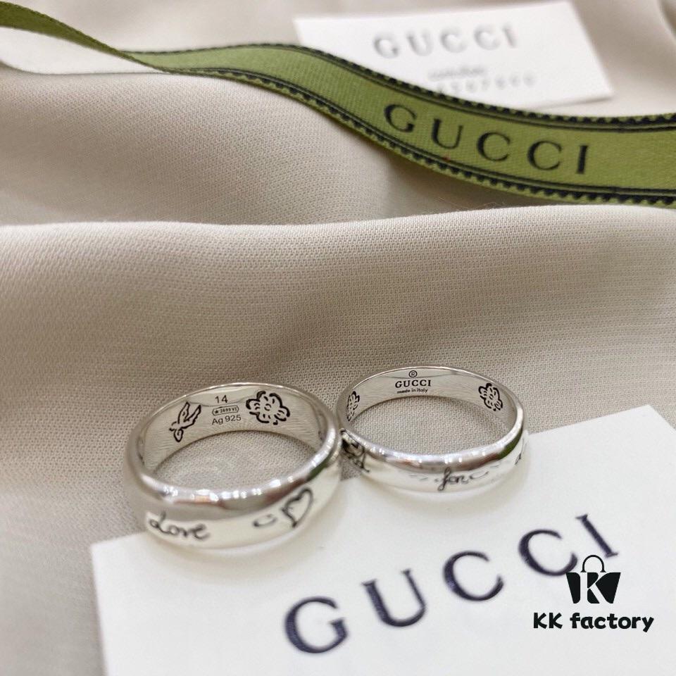 Gucci Gucci 925 Sterling Silver Fearless Love Double G Floral and Bird Couple Ring