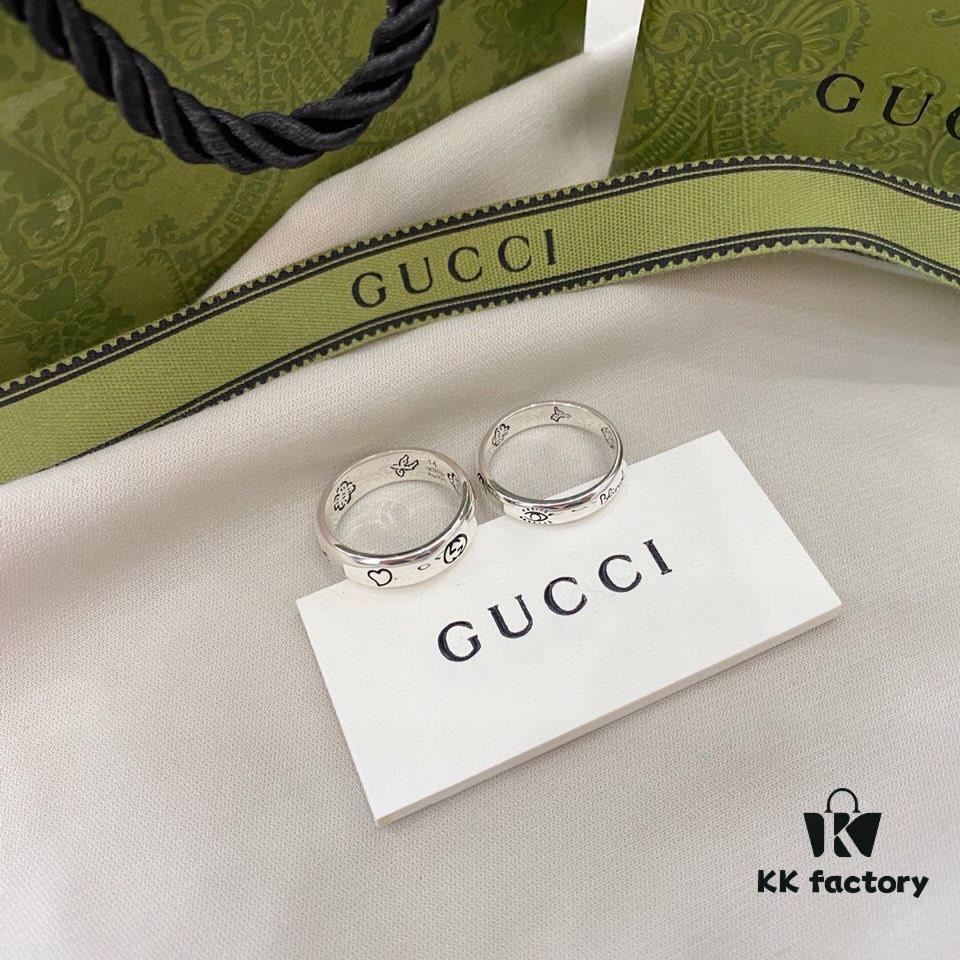 Gucci Gucci 925 Sterling Silver Fearless Love Double G Floral and Bird Couple Ring