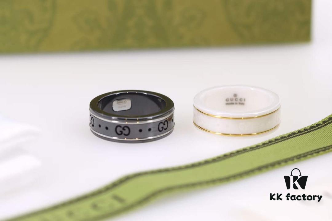 Gucci Icon Series Black and White Ceramic Couple's Ring with Gold Trim