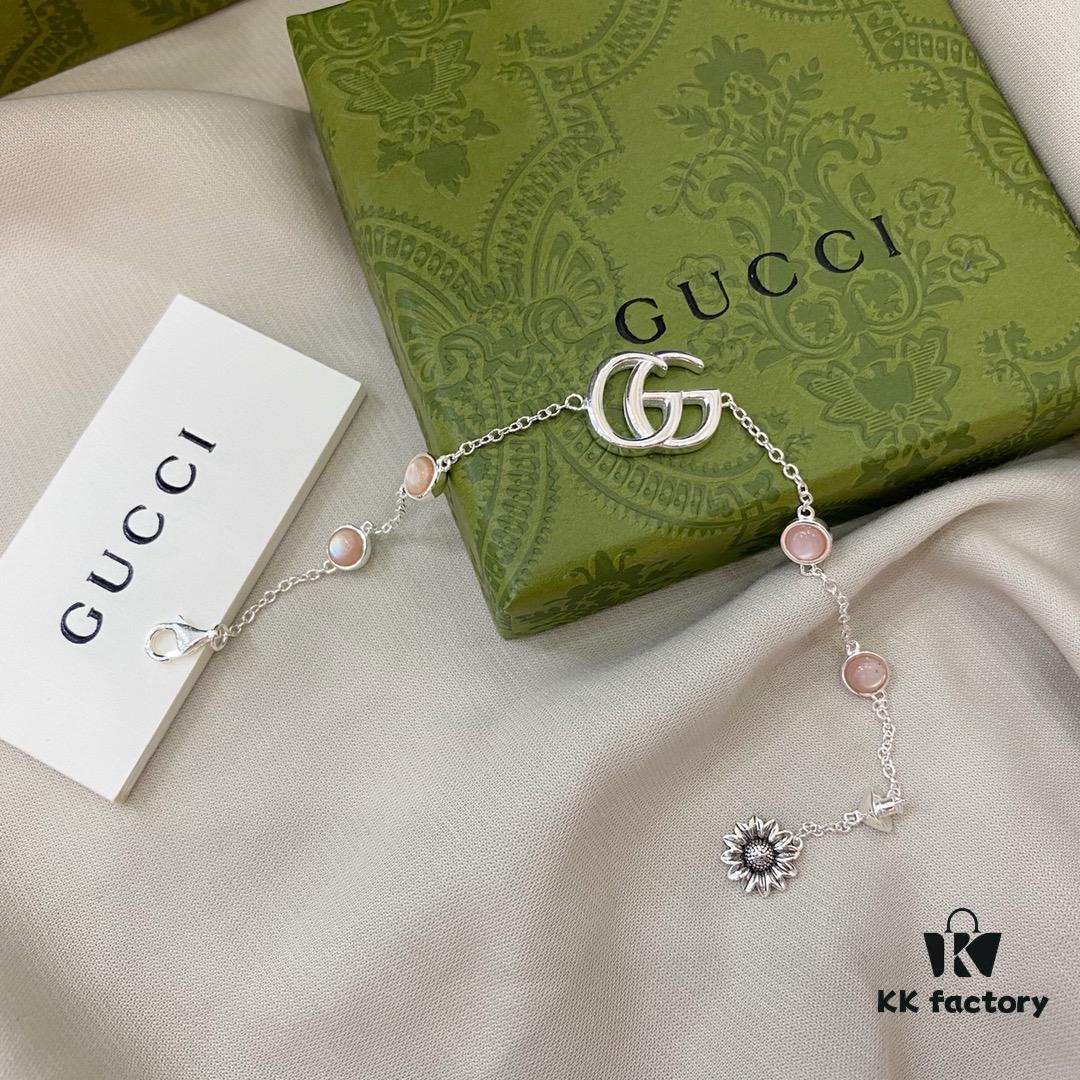 Gucci Gucci New Arrival 925 Sterling Silver Double G Floral Pink Mother-of-Pearl Bracelet