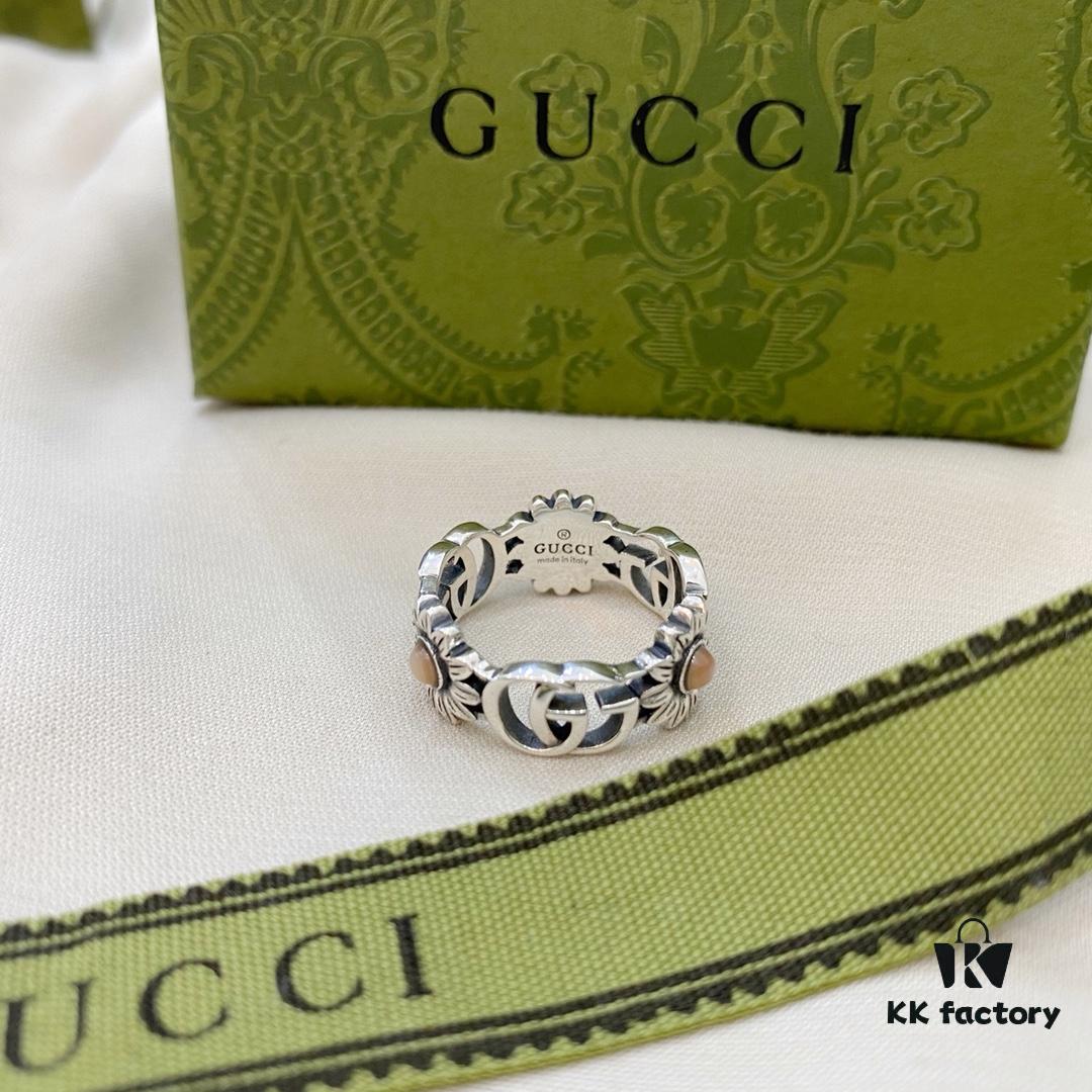 Gucci New Arrival Double G Floral Pink Shell Pure Silver Ring