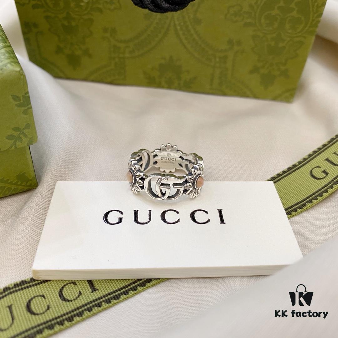 Gucci New Arrival Double G Floral Pink Shell Pure Silver Ring
