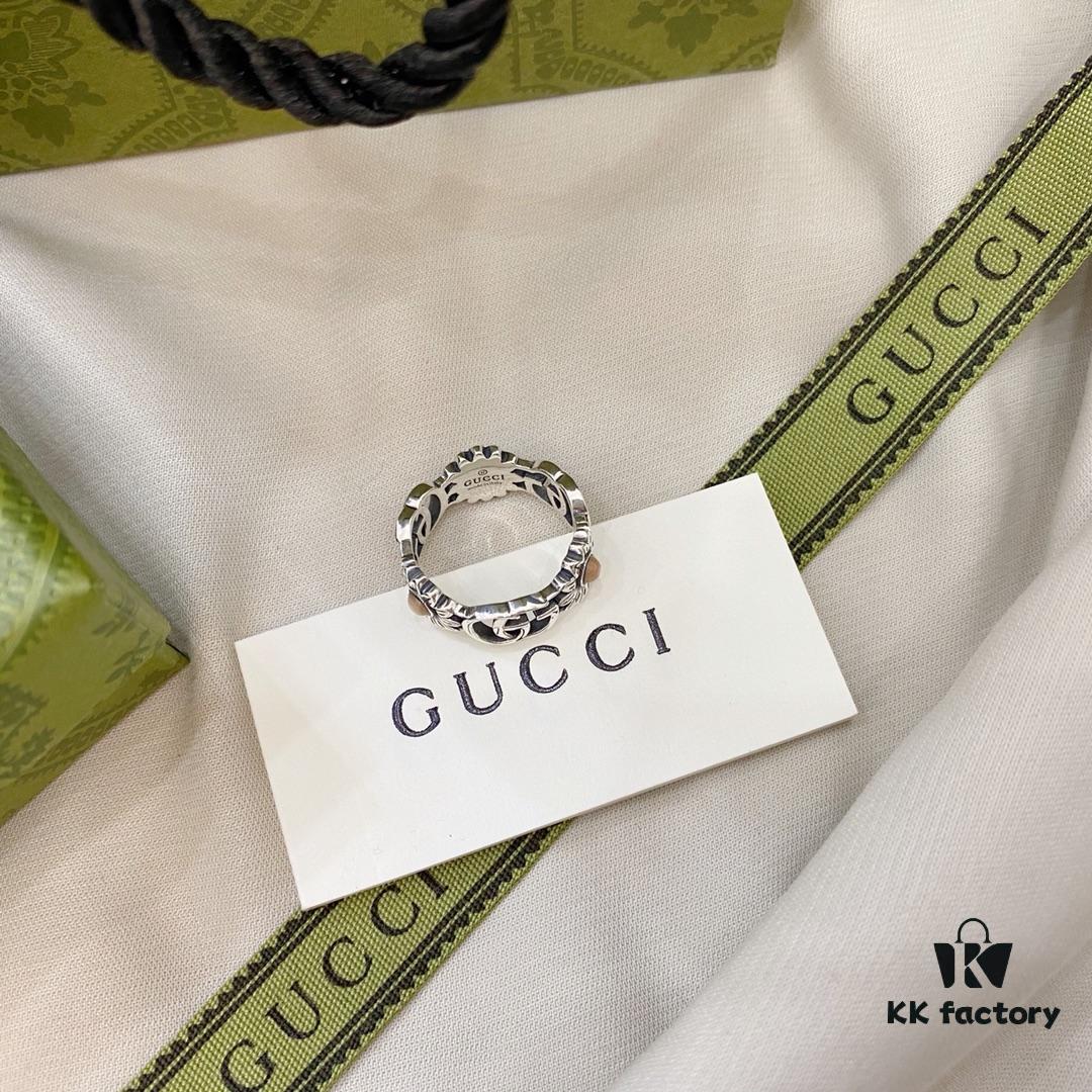 Gucci New Arrival Double G Floral Pink Shell Pure Silver Ring