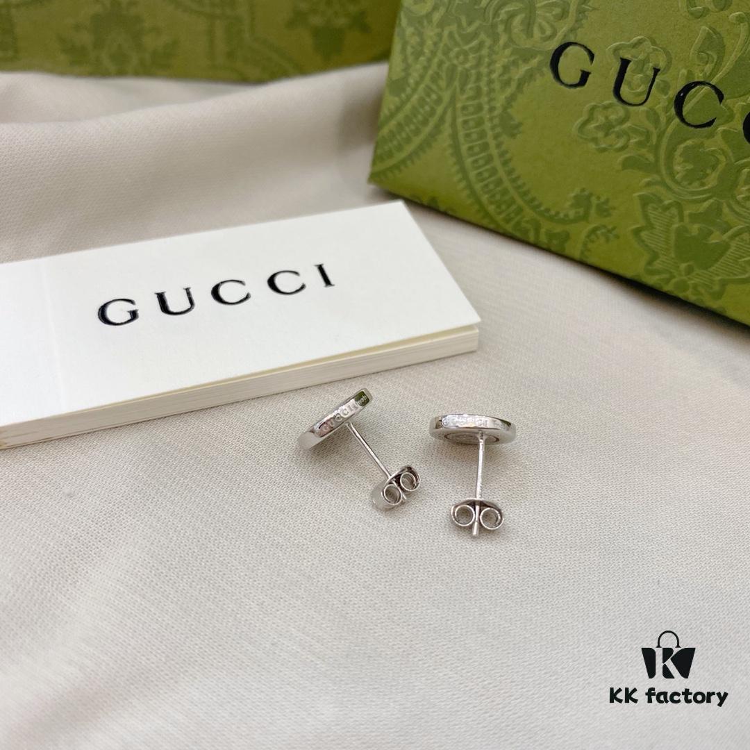 Gucci 925 Sterling Silver Double G Diamond-Encrusted Minimalist Stud Earrings