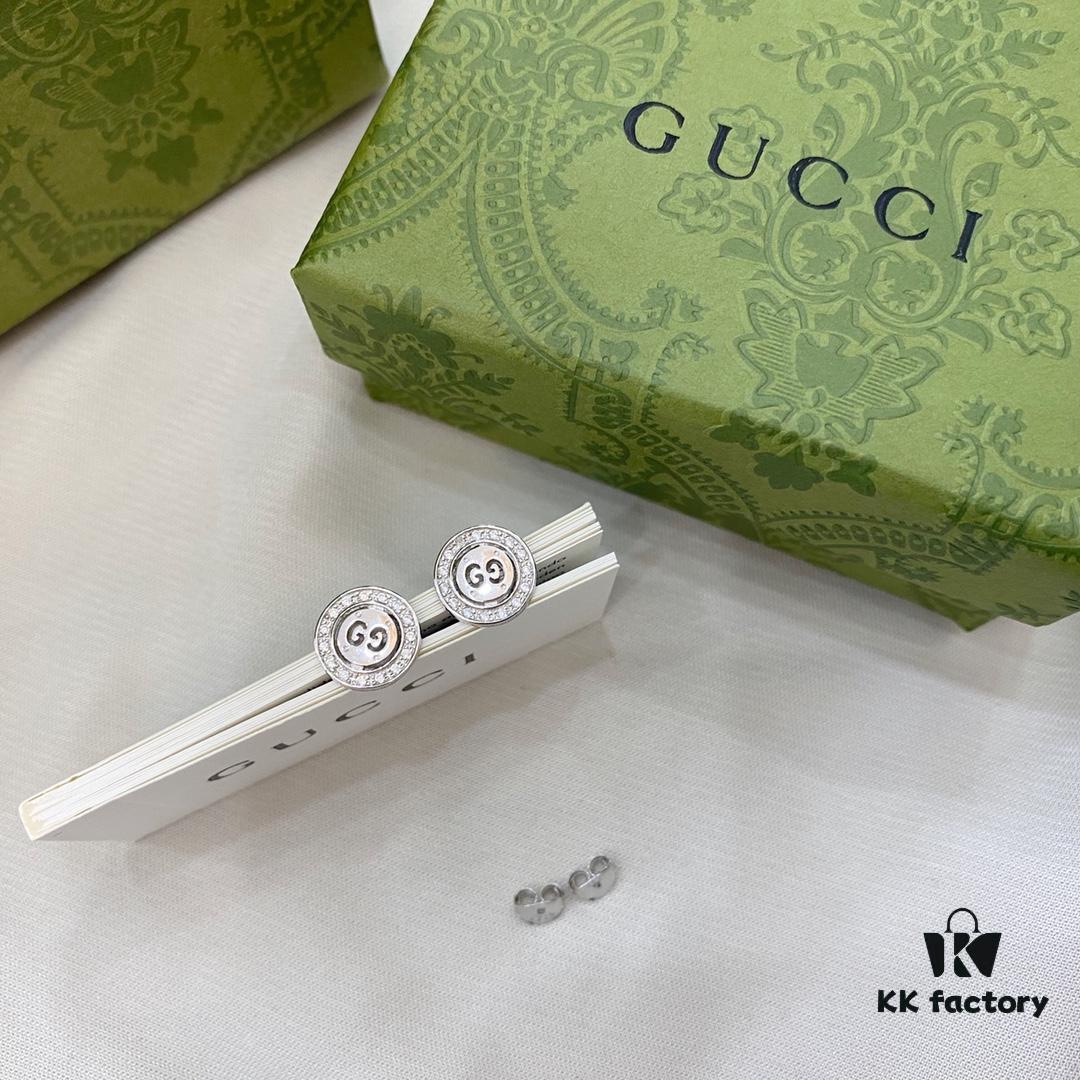 Gucci 925 Sterling Silver Double G Diamond-Encrusted Minimalist Stud Earrings