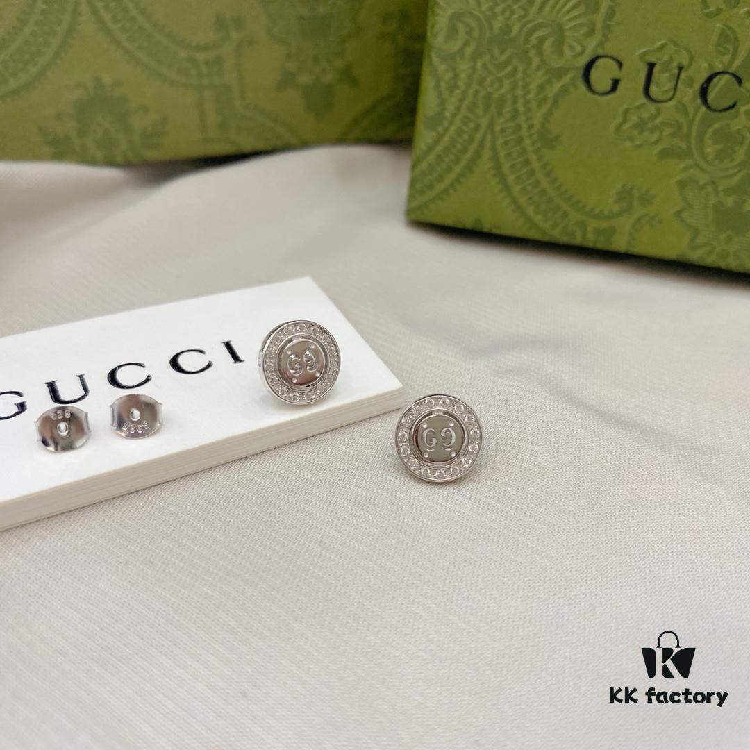 Gucci 925 Sterling Silver Double G Diamond-Encrusted Minimalist Stud Earrings
