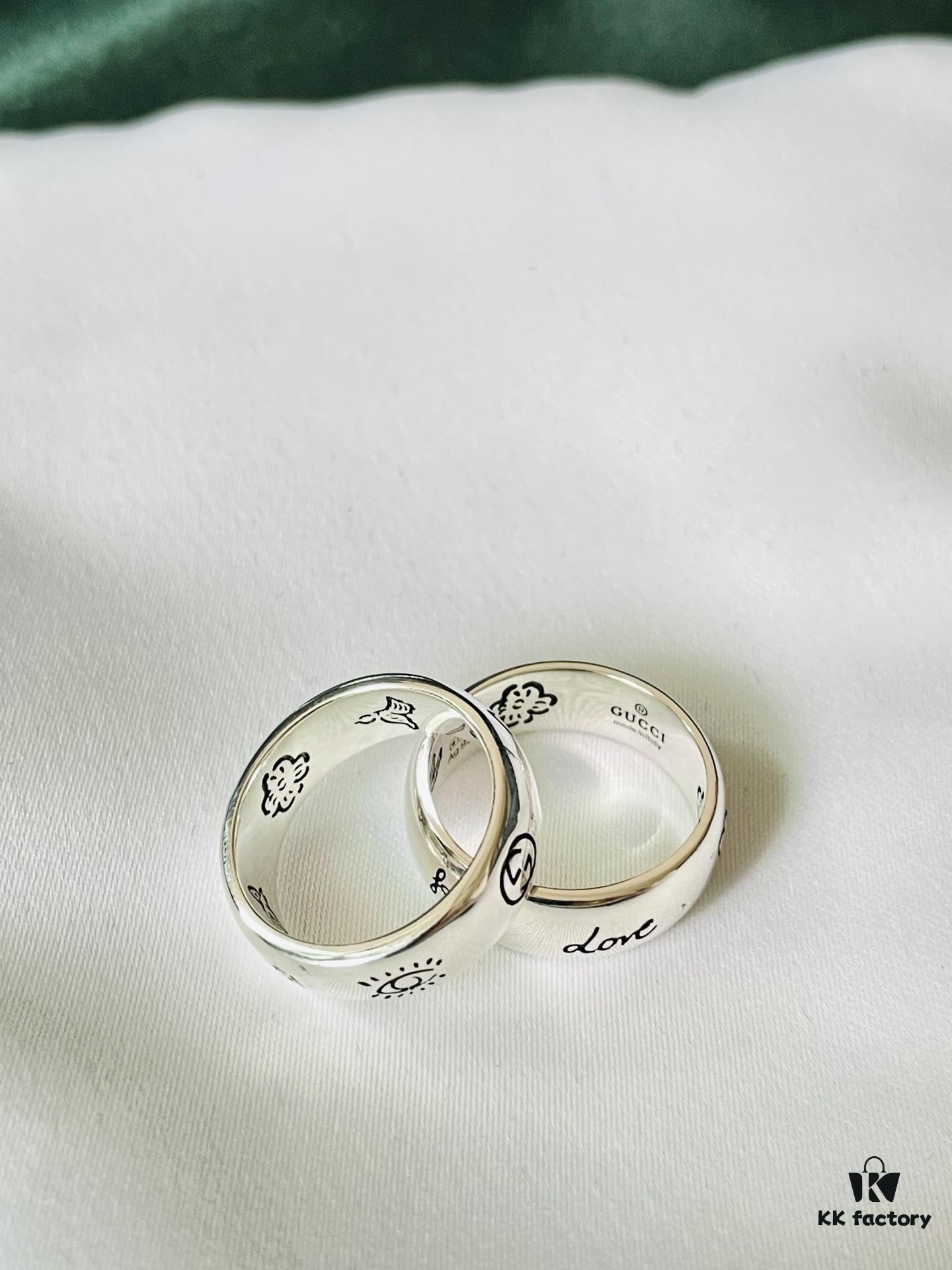 Gucci 925 Sterling Silver Double G Fearless Floral and Bird Couple Ring