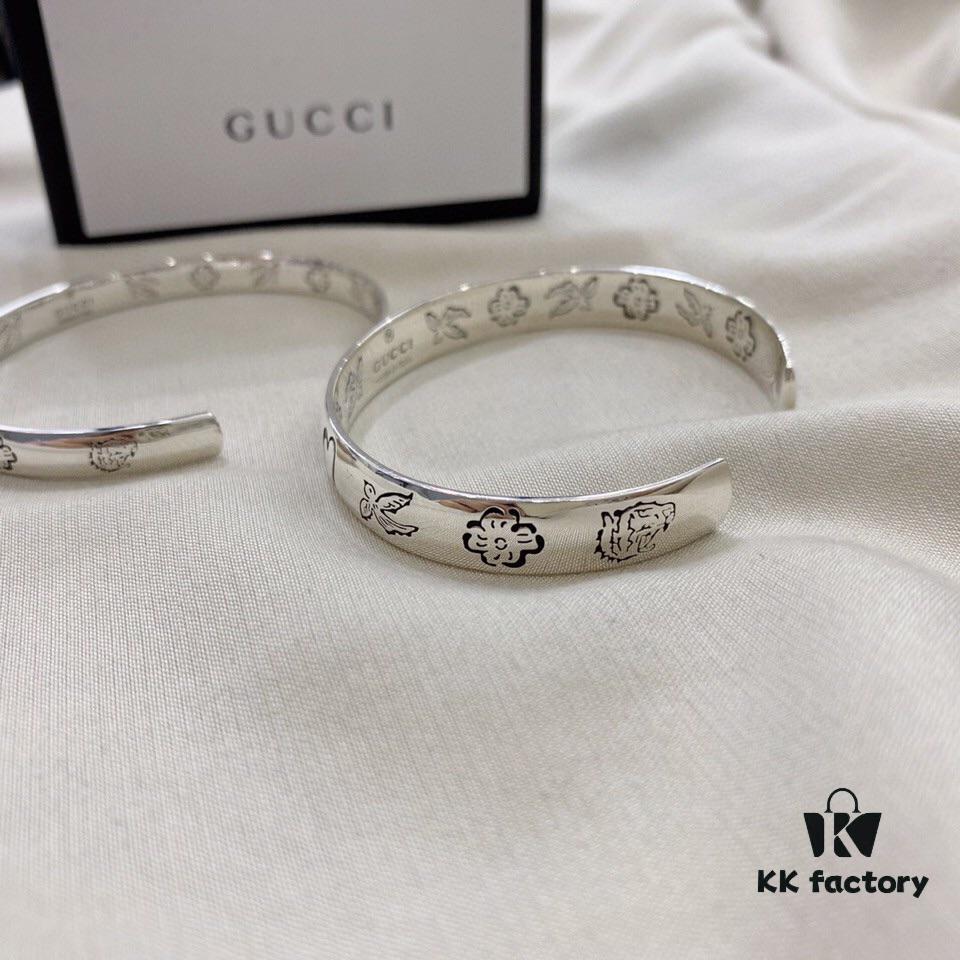 Gucci Super Recommended Hydraulic Mold Fearless Love Birds and Flowers Couple 925 Sterling Silver Bracelet