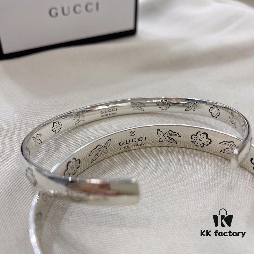 Gucci Super Recommended Hydraulic Mold Fearless Love Birds and Flowers Couple 925 Sterling Silver Bracelet