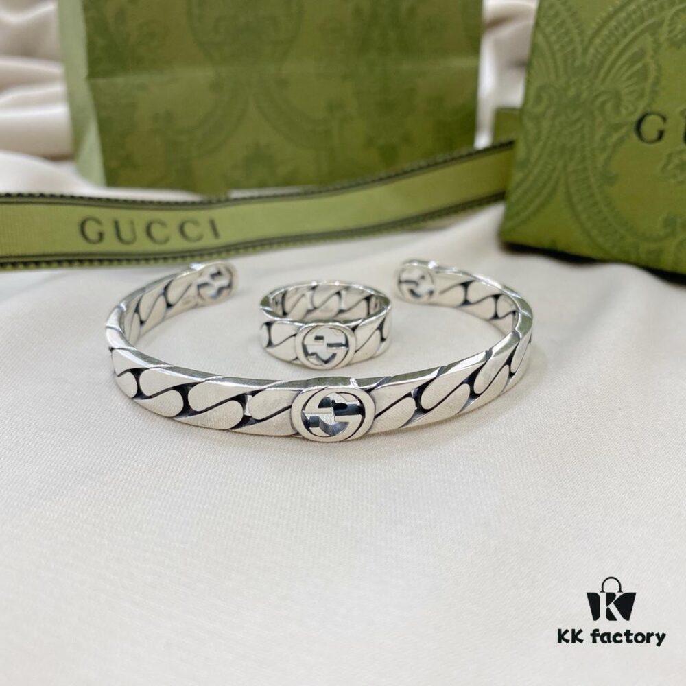 Gucci New Arrival 925 Sterling Silver Interlocking Double Wide Bangle Ring