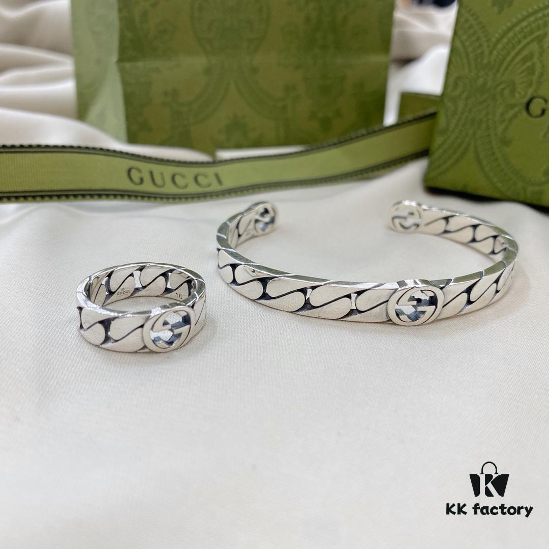 Gucci New Arrival 925 Sterling Silver Interlocking Double Wide Bangle Ring