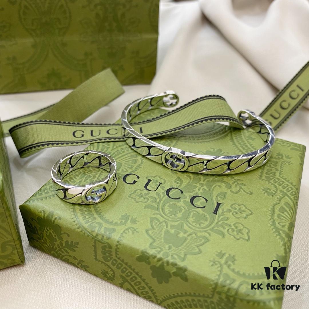 Gucci New Arrival 925 Sterling Silver Interlocking Double Wide Bangle Ring