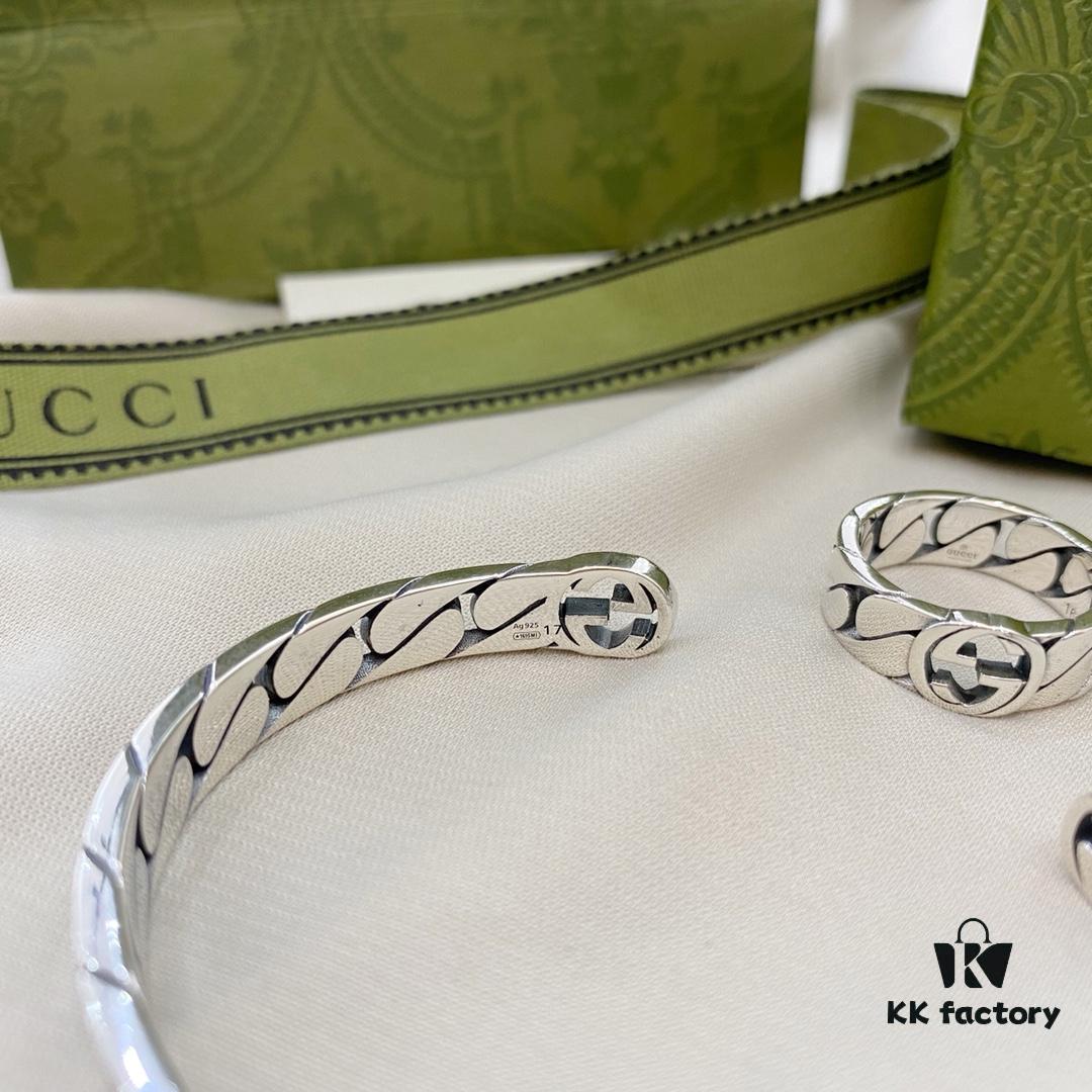 Gucci New Arrival 925 Sterling Silver Interlocking Double Wide Bangle Ring