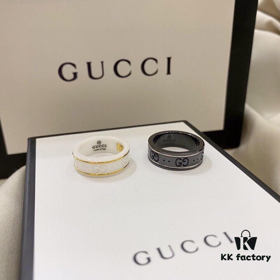 Gucci 925 Sterling Silver Double G Logo Black and White Ceramic Couple Ring