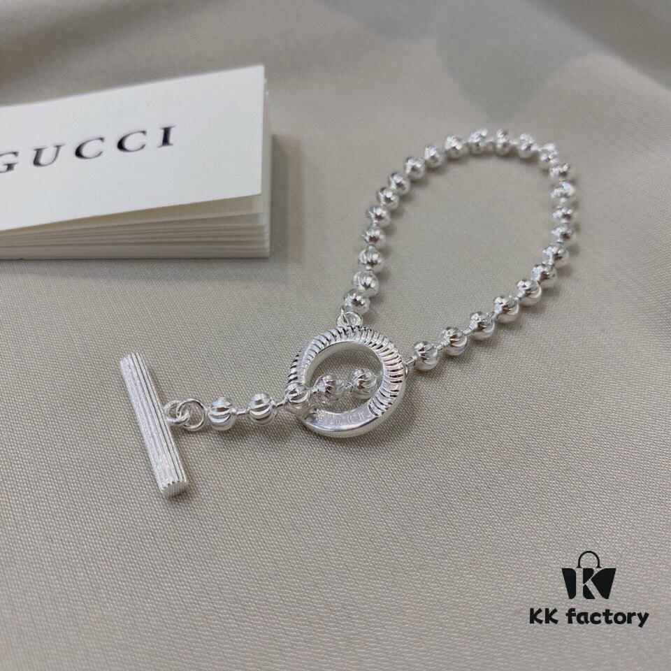 Gucci 925 Sterling Silver Beaded Engraved Bracelet