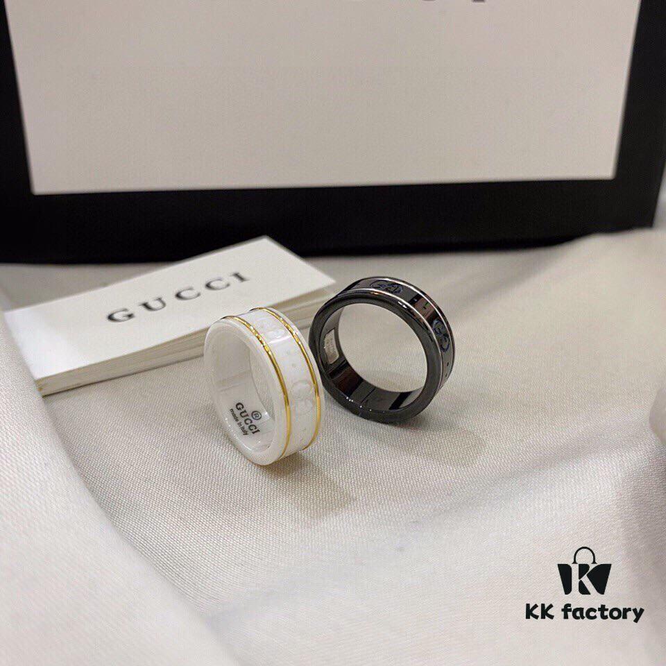 Gucci 925 Sterling Silver Double G Logo Black and White Ceramic Couple Ring