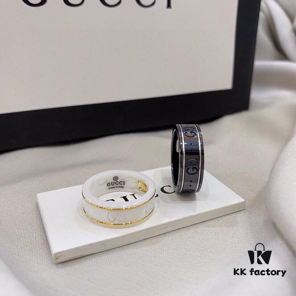 Gucci 925 Sterling Silver Double G Logo Black and White Ceramic Couple Ring