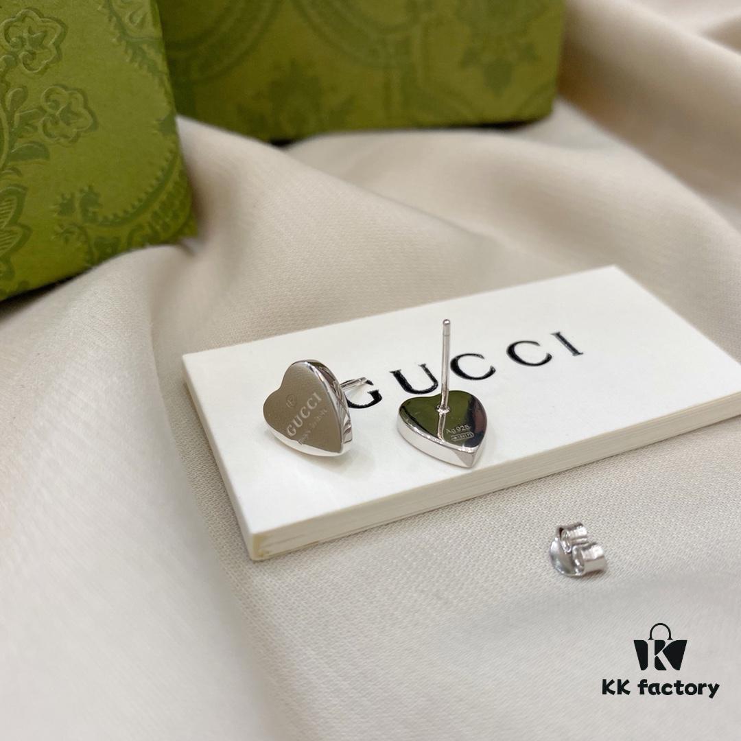 Gucci Logo 925 Sterling Silver Heart Stud Earrings