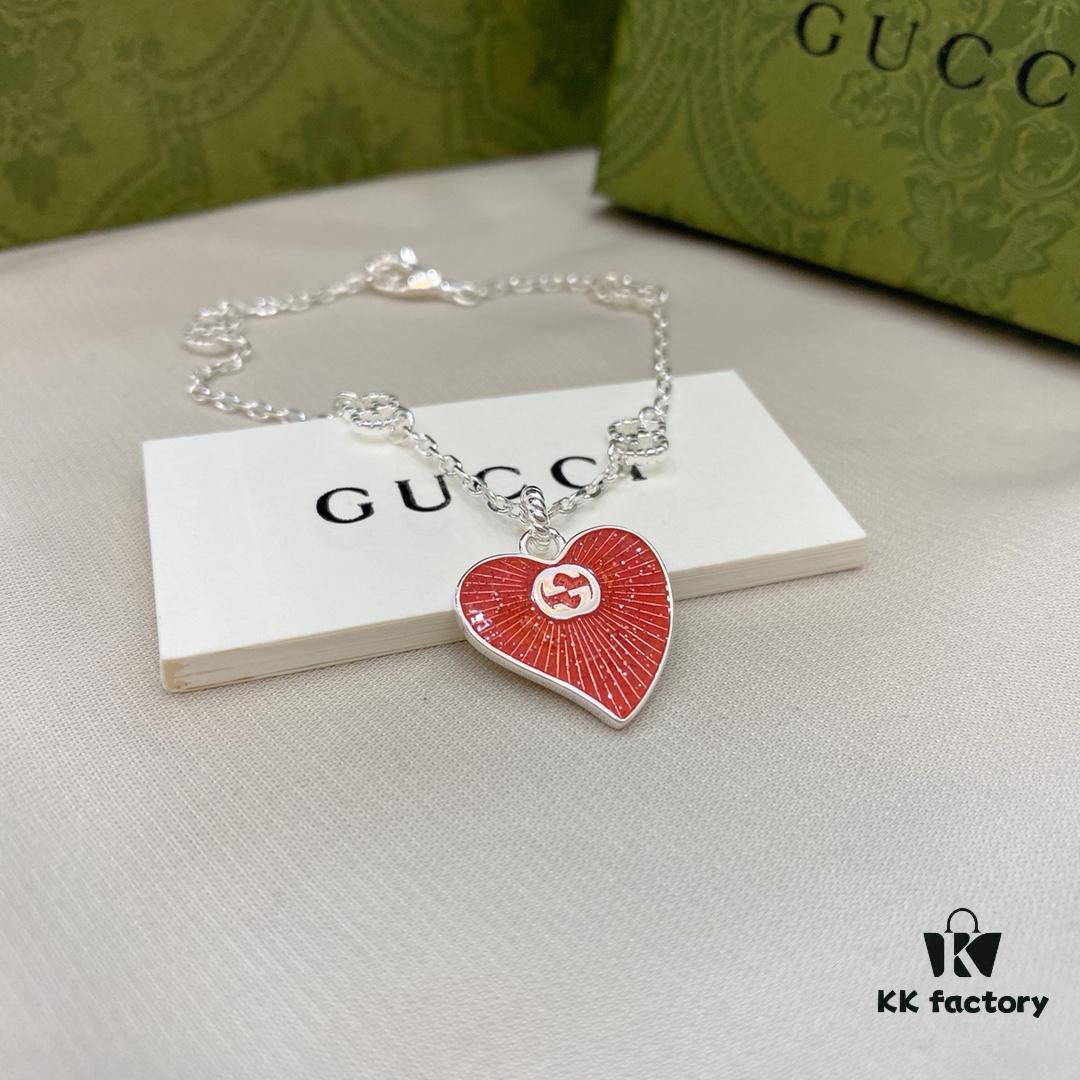 Gucci Gucci 925 Sterling Silver Interlocking Double G Red Enamel Heart Bracelet