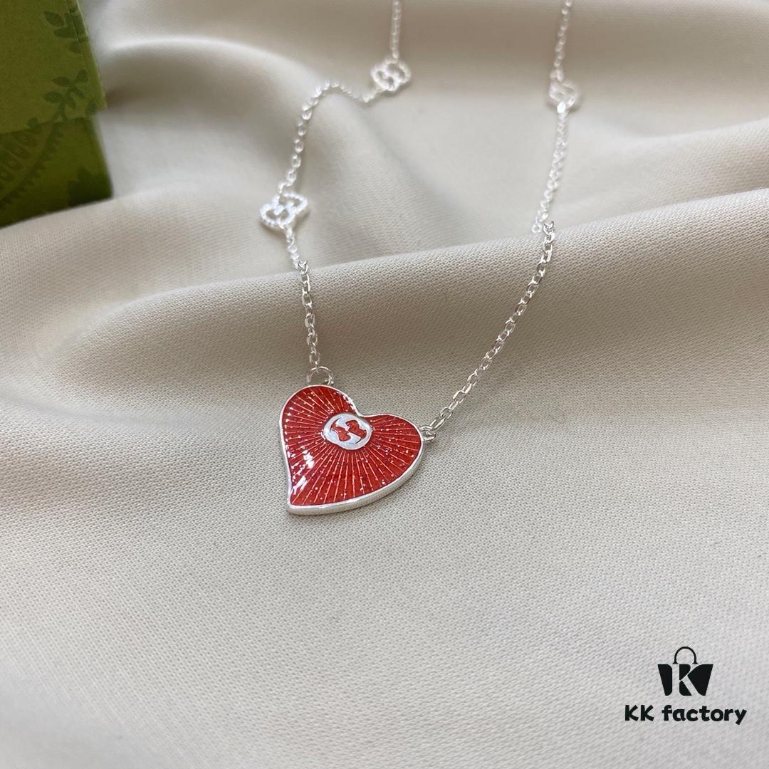 Gucci Gucci 925 Sterling Silver Interlocking Double G Red Enamel Heart Pendant Necklace