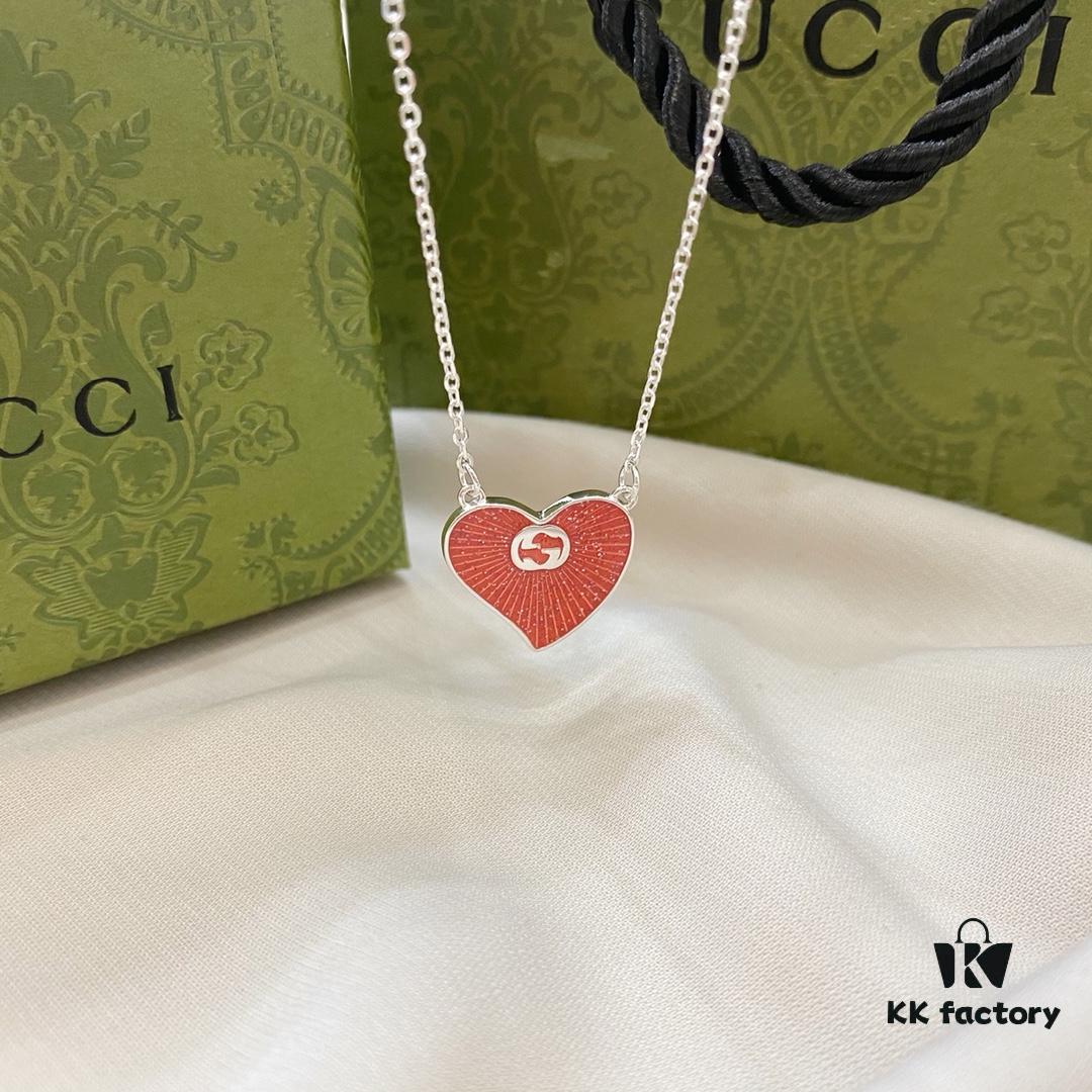 Gucci Gucci 925 Sterling Silver Interlocking Double G Red Enamel Heart Pendant Necklace