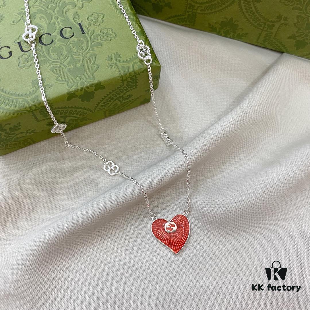 Gucci Gucci 925 Sterling Silver Interlocking Double G Red Enamel Heart Pendant Necklace
