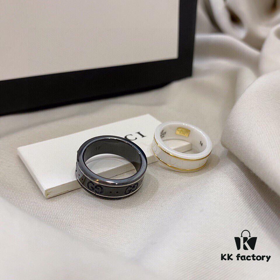 Gucci 925 Sterling Silver Double G Logo Black and White Ceramic Couple Ring