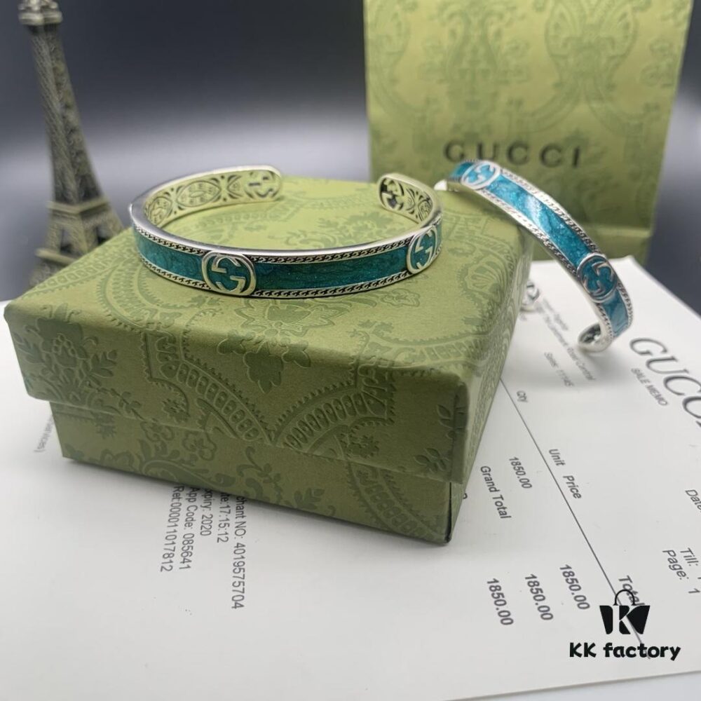 Gucci Gucci 925 Sterling Silver Double G Interlocking Green Enamel Bracelet
