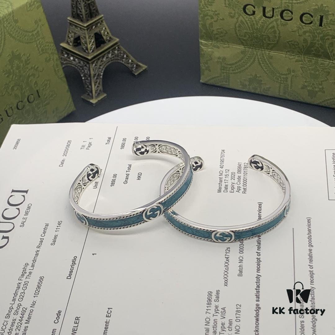 Gucci Gucci 925 Sterling Silver Double G Interlocking Green Enamel Bracelet