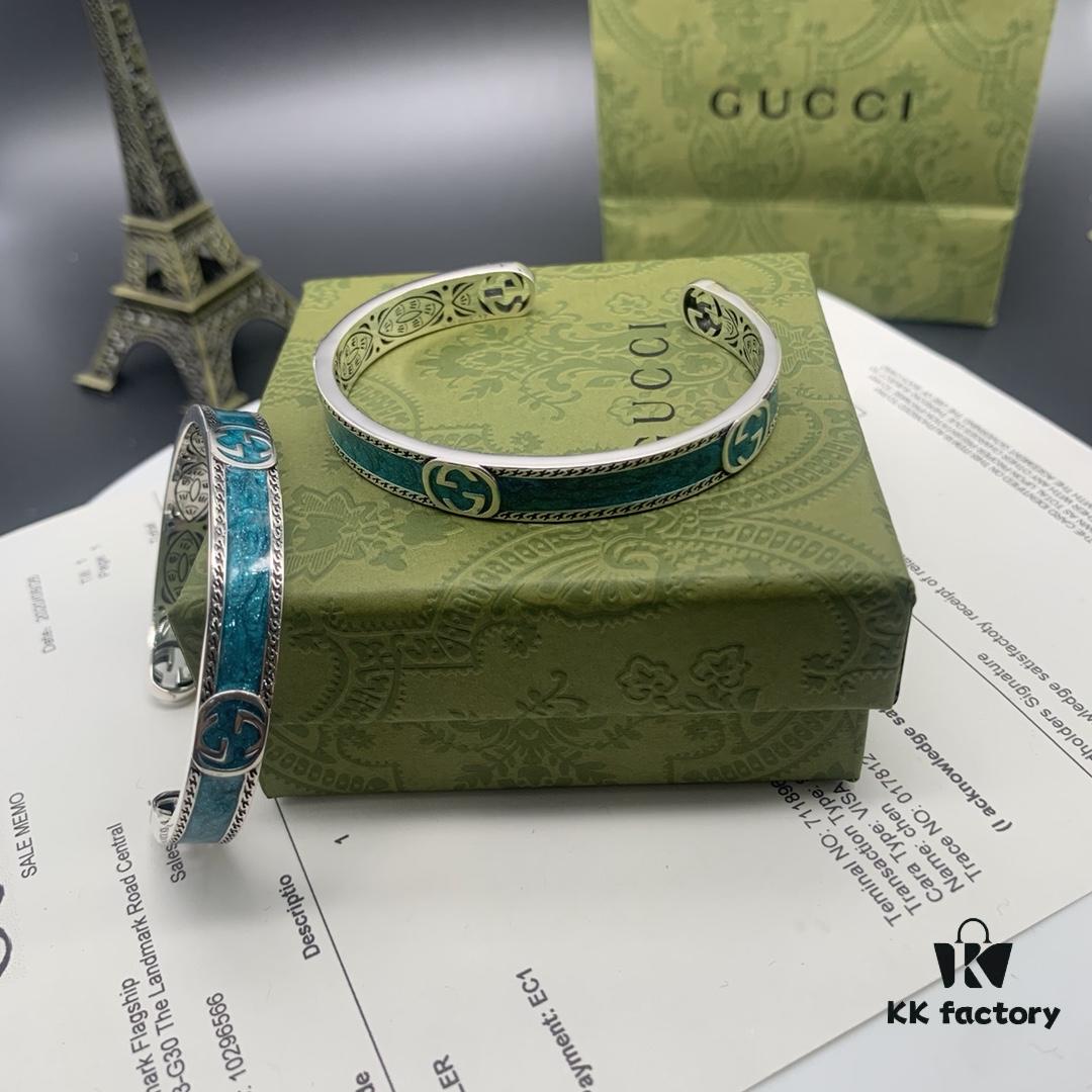 Gucci Gucci 925 Sterling Silver Double G Interlocking Green Enamel Bracelet