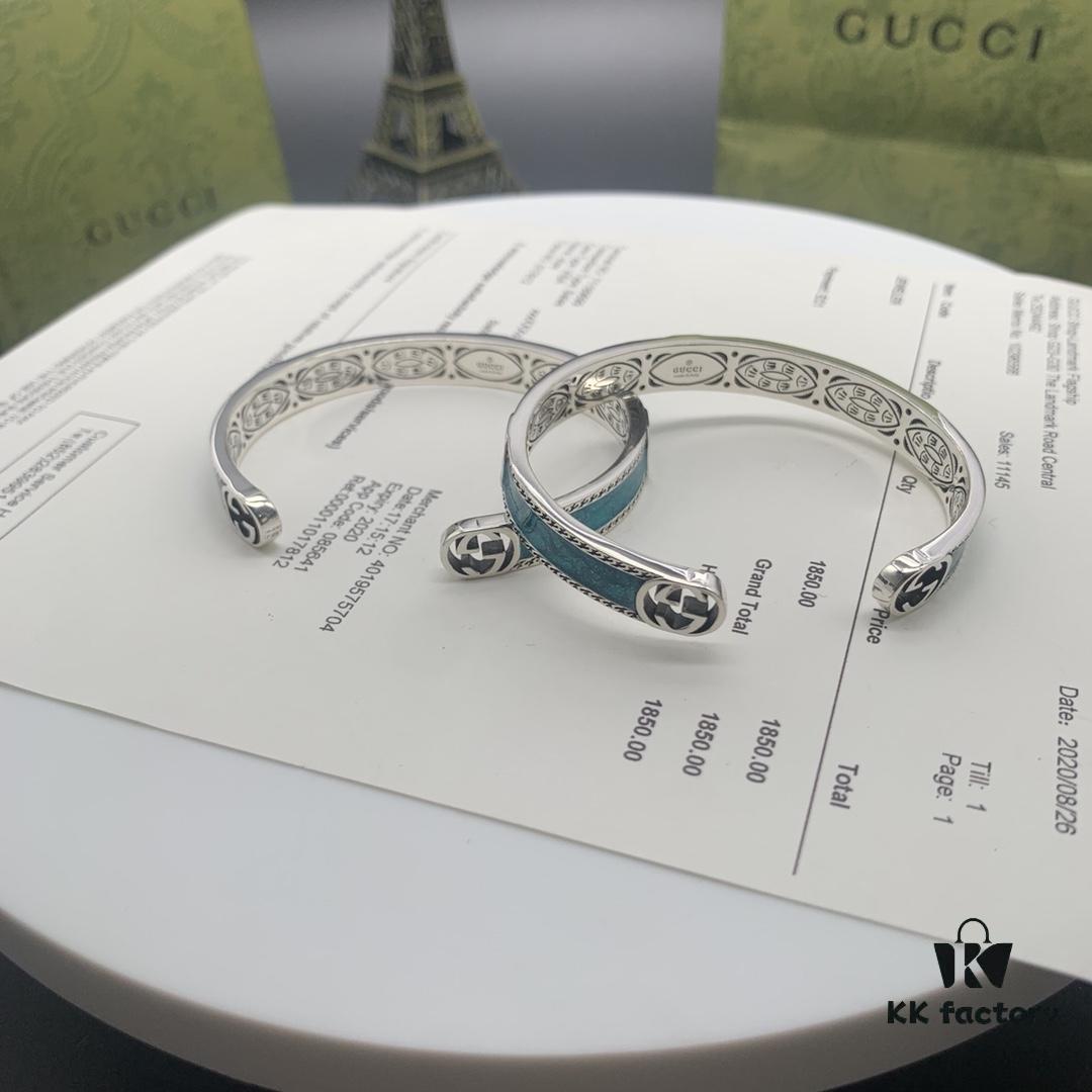 Gucci Gucci 925 Sterling Silver Double G Interlocking Green Enamel Bracelet