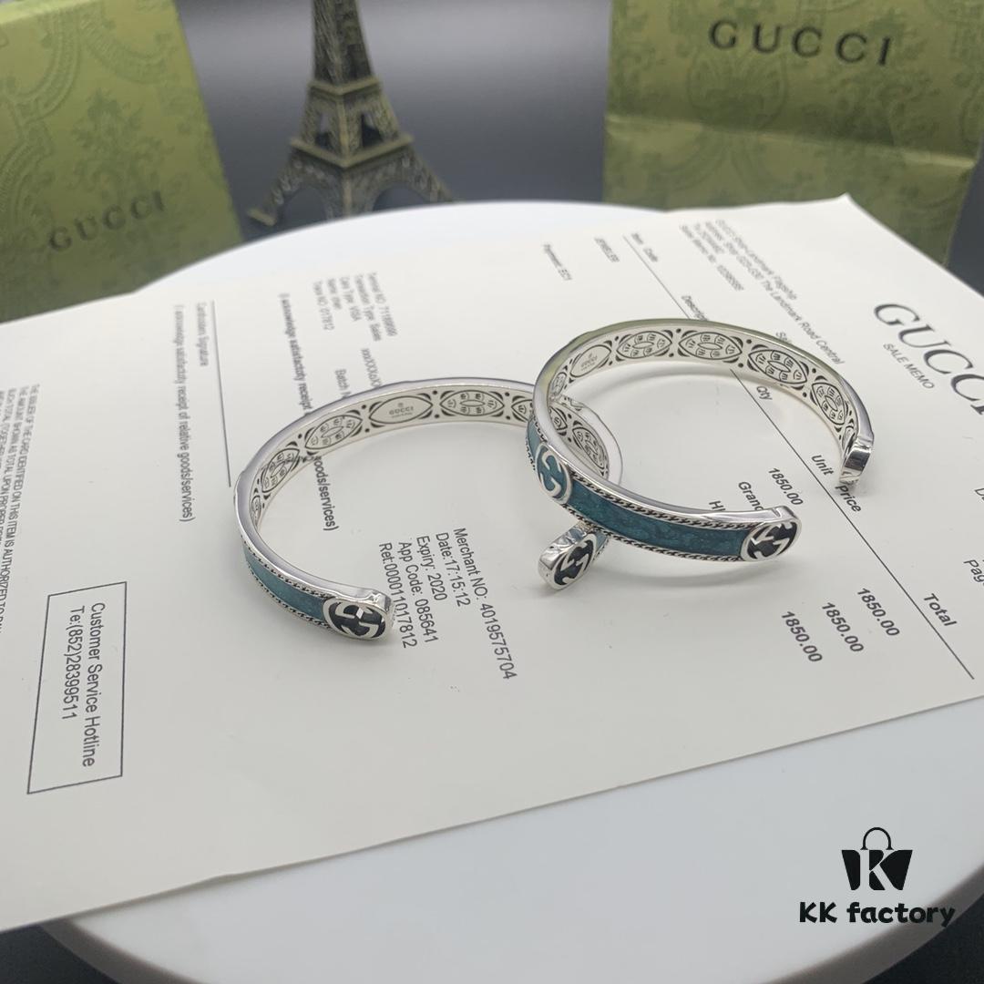 Gucci Gucci 925 Sterling Silver Double G Interlocking Green Enamel Bracelet