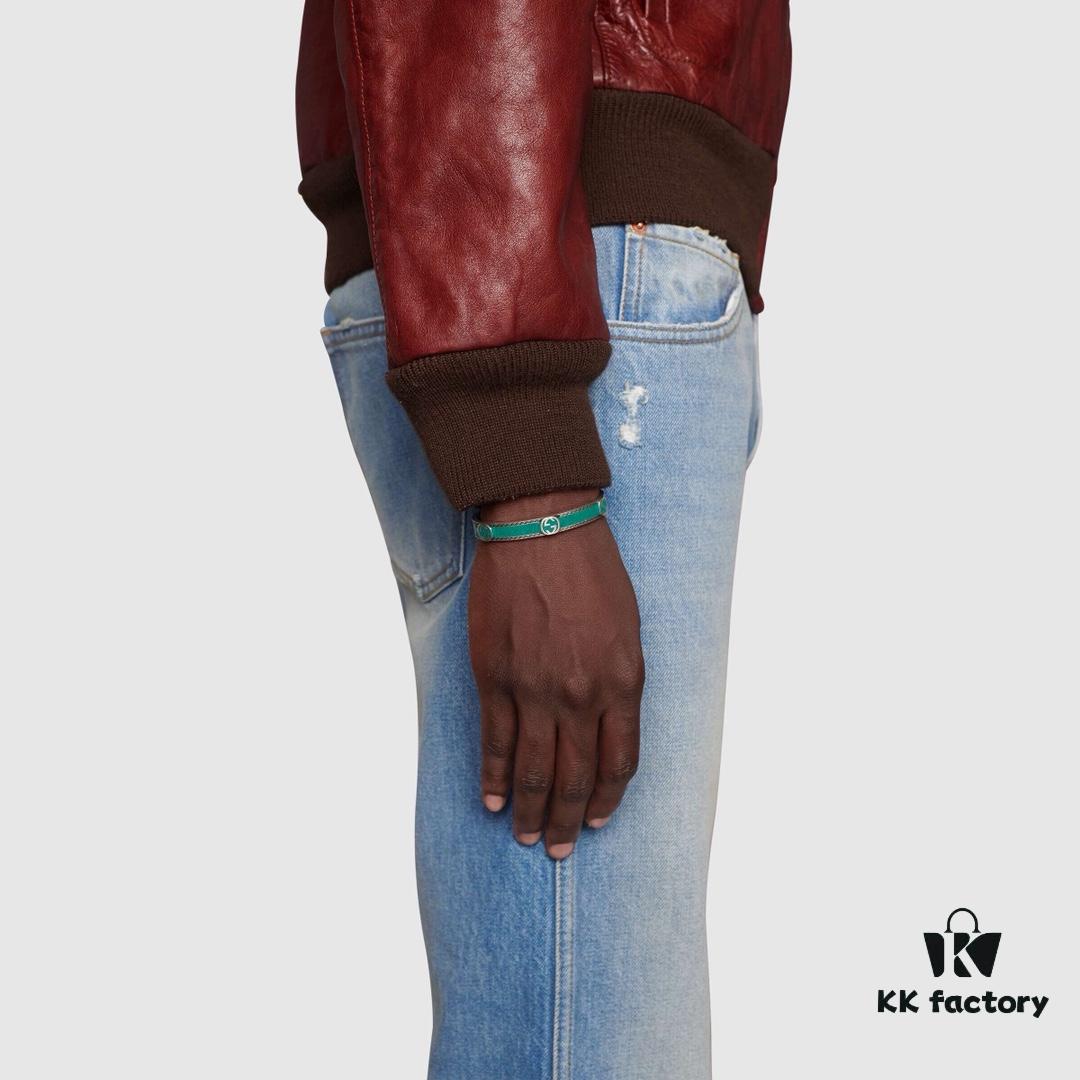 Gucci Gucci 925 Sterling Silver Double G Interlocking Green Enamel Bracelet