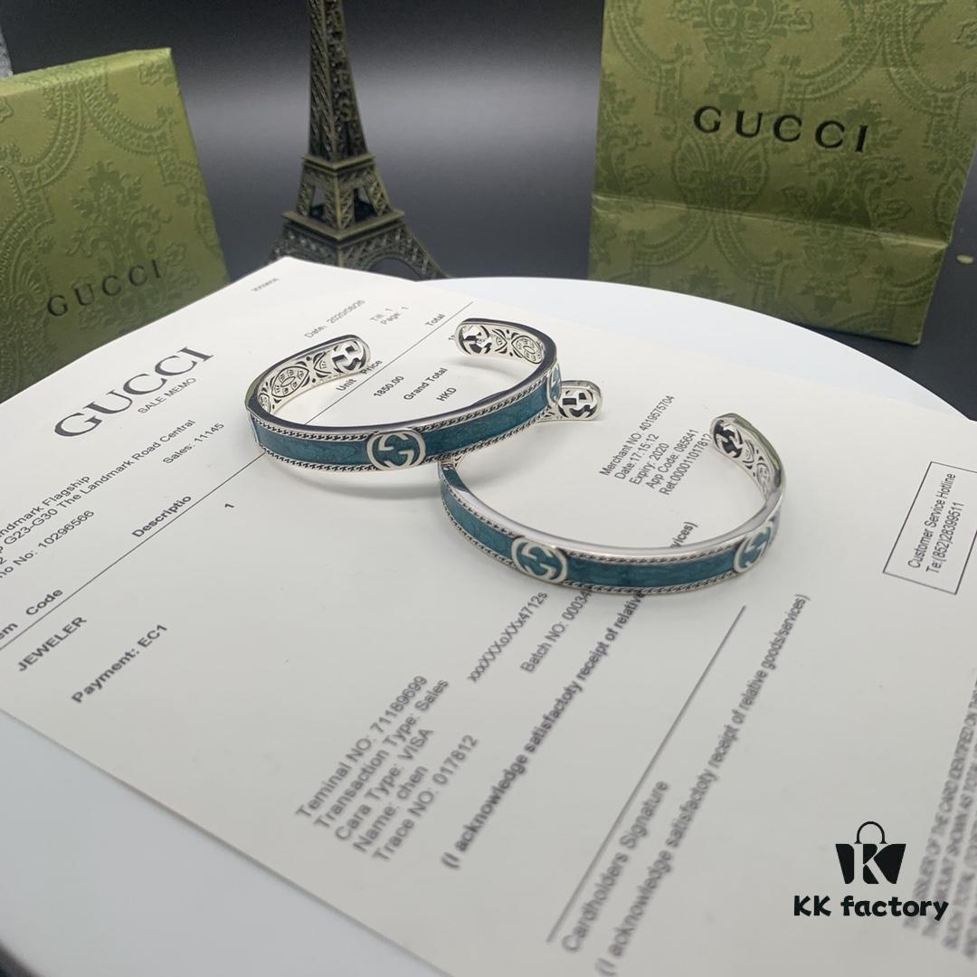 Gucci Gucci 925 Sterling Silver Double G Interlocking Green Enamel Bracelet