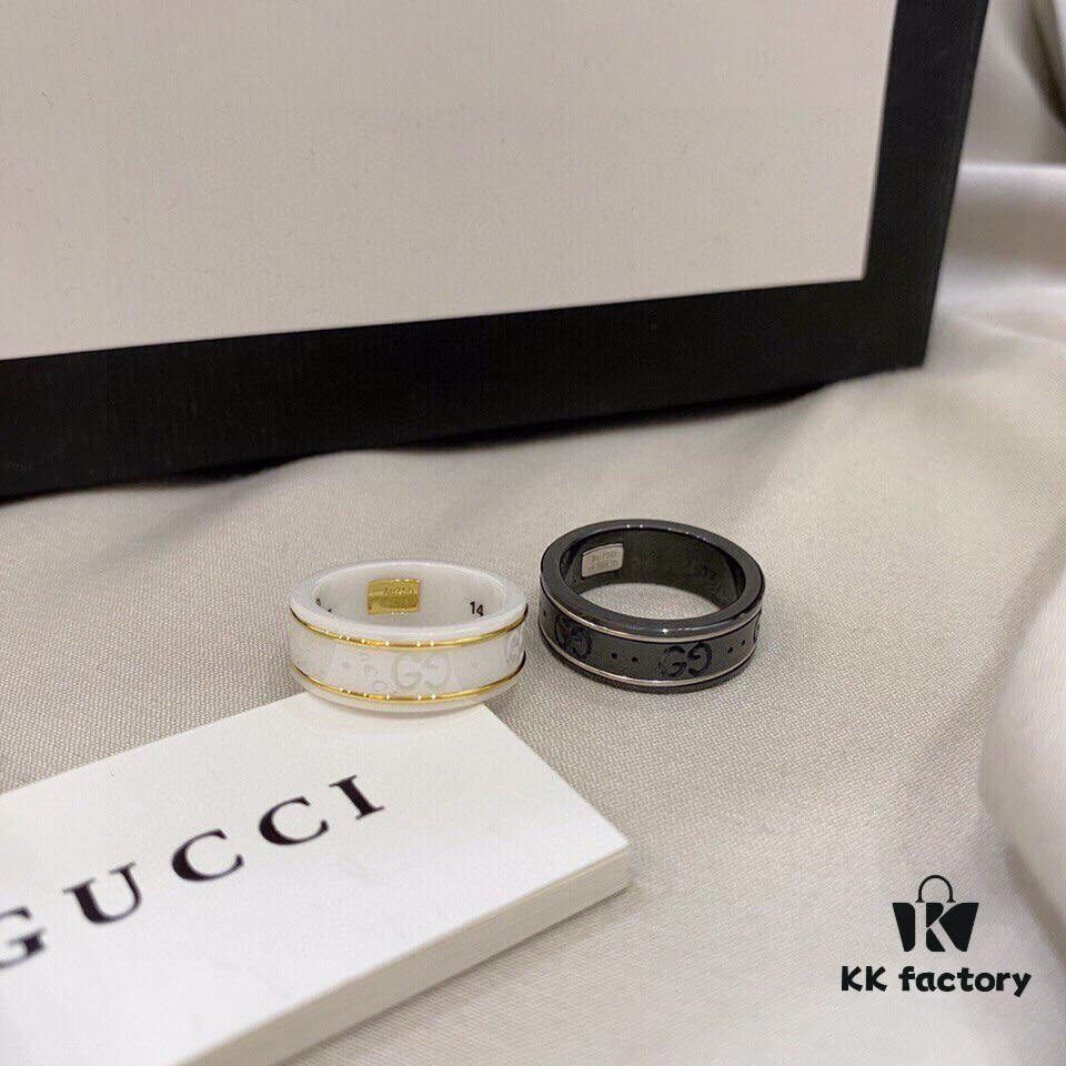 Gucci 925 Sterling Silver Double G Logo Black and White Ceramic Couple Ring