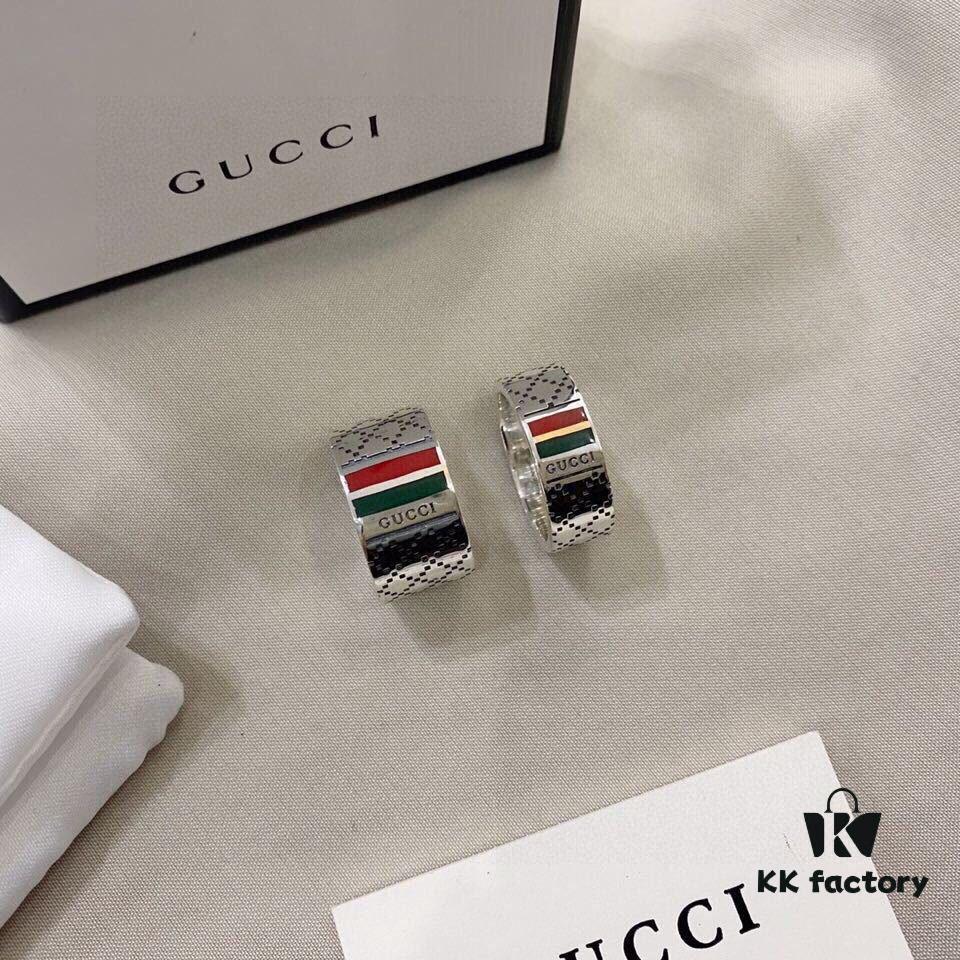 Gucci 925 Sterling Silver Red and Green Diamond Checkered Pattern Couple Ring