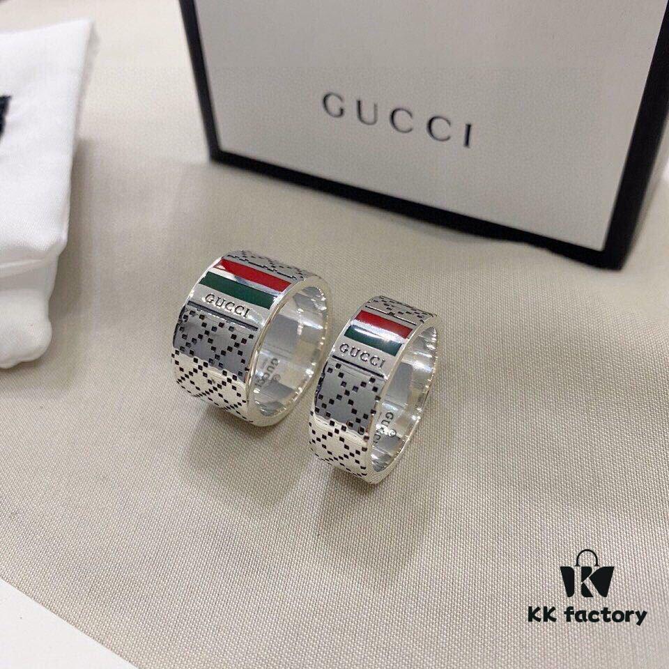 Gucci 925 Sterling Silver Red and Green Diamond Checkered Pattern Couple Ring