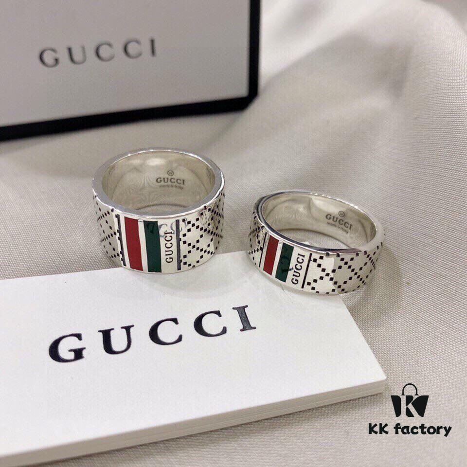 Gucci 925 Sterling Silver Red and Green Diamond Checkered Pattern Couple Ring