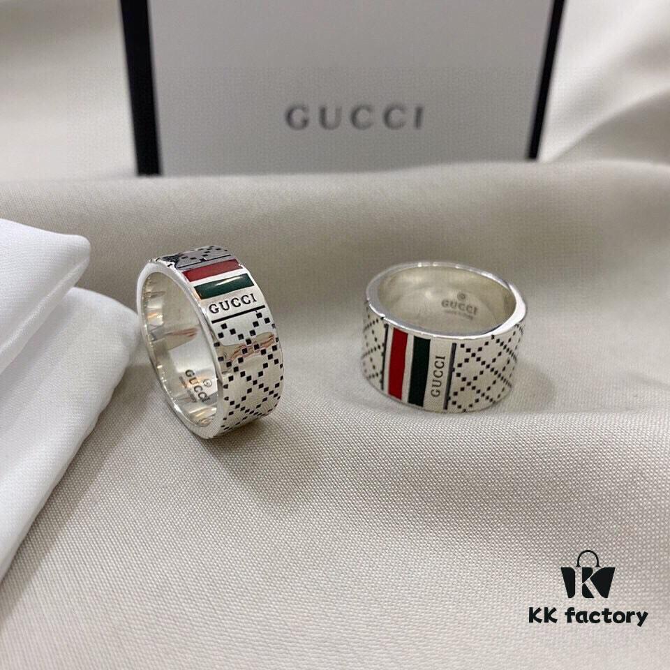 Gucci 925 Sterling Silver Red and Green Diamond Checkered Pattern Couple Ring