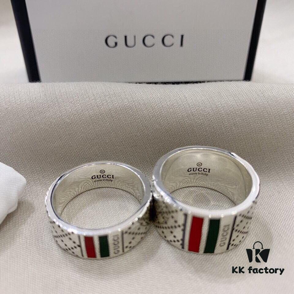 Gucci 925 Sterling Silver Red and Green Diamond Checkered Pattern Couple Ring