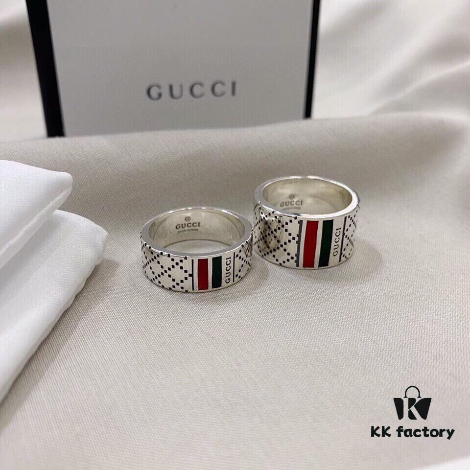 Gucci 925 Sterling Silver Red and Green Diamond Checkered Pattern Couple Ring