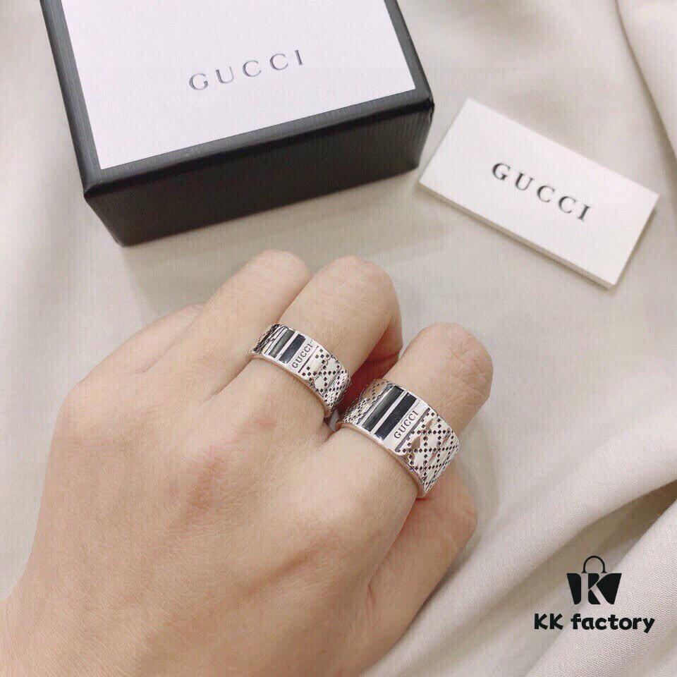 Gucci 925 Sterling Silver Black Diamond Quilted Couple's Ring