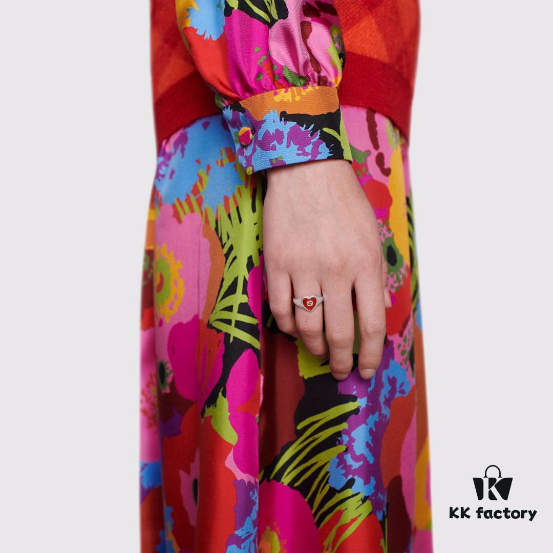 Gucci Gucci 925 Sterling Silver Double G Enamel Red Heart Ring