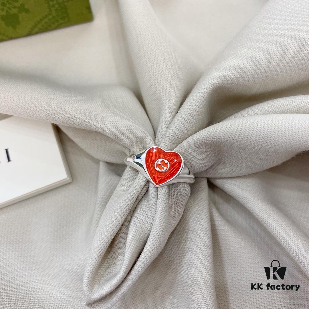 Gucci Gucci 925 Sterling Silver Double G Enamel Red Heart Ring