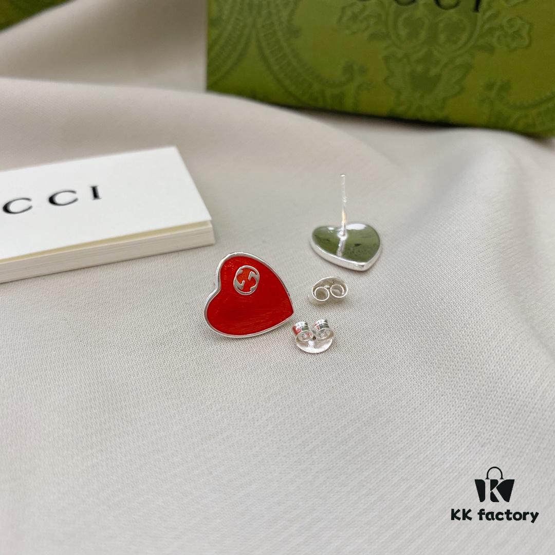 Gucci Gucci 925 Sterling Silver Double G Enamel Red Heart Stud Earrings